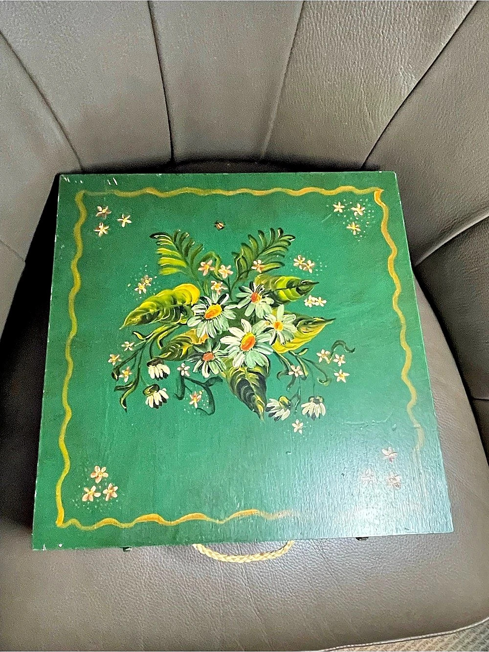 Vintage Hand Painted Floral Decorative Box in Green & Yellow